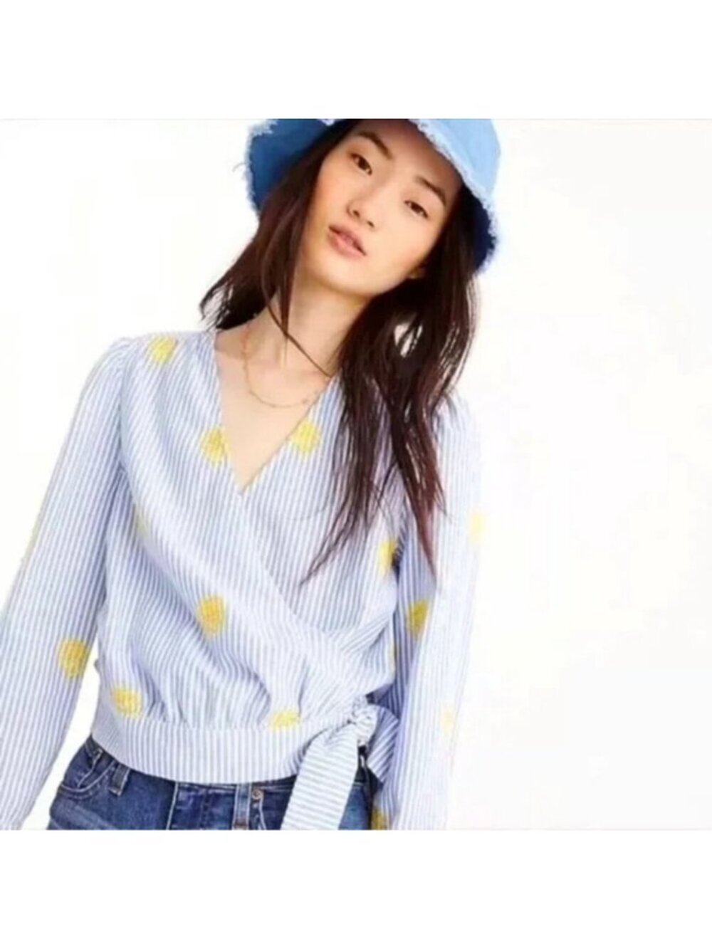 NWT J.Crew Blue Stripe Embroidered Wrap Top Pineapple Cotton Tie Waist M